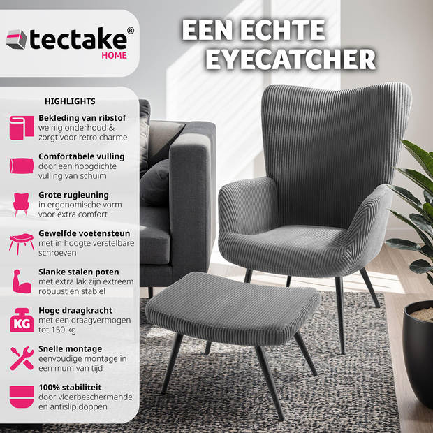 tectake® Oorfauteuil met hocker - Scandinavische Stijl - Corduroy - Lounge Stoel voor Woonkamer - 150kg - Antraciet