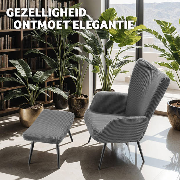 tectake® Oorfauteuil met hocker - Scandinavische Stijl - Corduroy - Lounge Stoel voor Woonkamer - 150kg - Antraciet