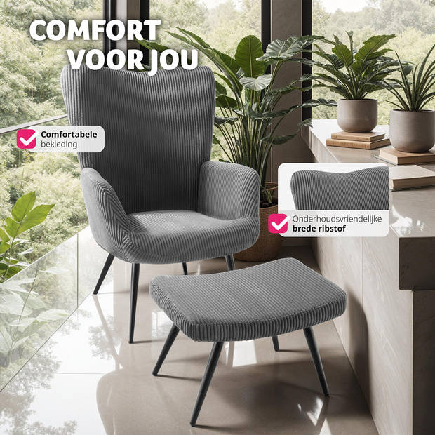 tectake® Oorfauteuil met hocker - Scandinavische Stijl - Corduroy - Lounge Stoel voor Woonkamer - 150kg - Antraciet