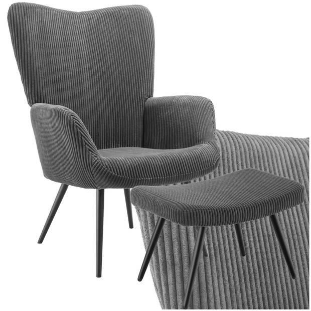 tectake® Oorfauteuil met hocker - Scandinavische Stijl - Corduroy - Lounge Stoel voor Woonkamer - 150kg - Antraciet