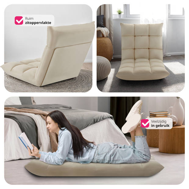 tectake® Opvouwbare Relaxstoel XXL - Verstelbare Rugleuning, Ligfunctie - Vloerstoel voor Meditatie - Beige