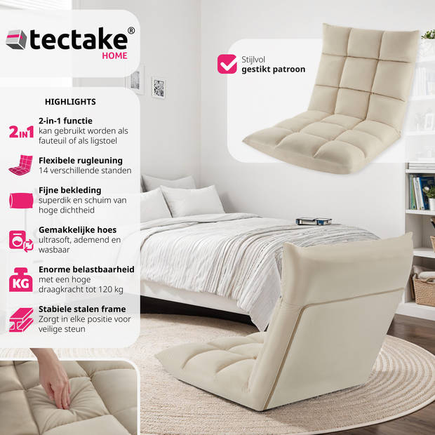 tectake® Opvouwbare Relaxstoel XXL - Verstelbare Rugleuning, Ligfunctie - Vloerstoel voor Meditatie - Beige