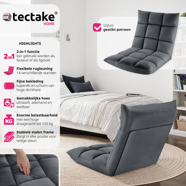 tectake® Opvouwbare Relaxstoel XXL - Verstelbare Rugleuning, Ligfunctie - Vloerstoel voor Meditatie - Grijs