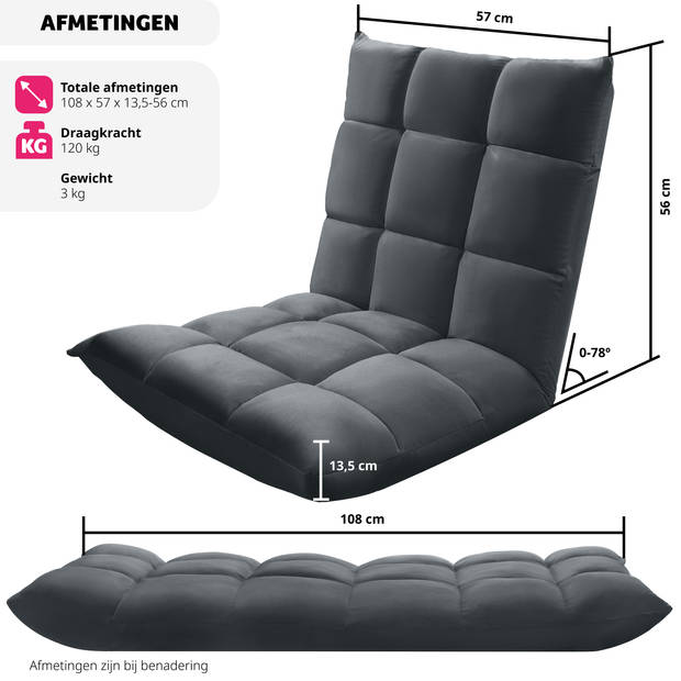 tectake® Opvouwbare Relaxstoel XXL - Verstelbare Rugleuning, Ligfunctie - Vloerstoel voor Meditatie - Grijs