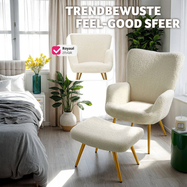 tectake® Oorfauteuil in Scandinavische Stijl met hocker - Teddystoel, Lounge Stoel voor Woonkamer - 150kg - Crème/Goud