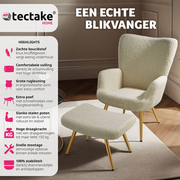 tectake® Oorfauteuil in Scandinavische Stijl met hocker - Teddystoel, Lounge Stoel voor Woonkamer - 150kg - Crème/Goud