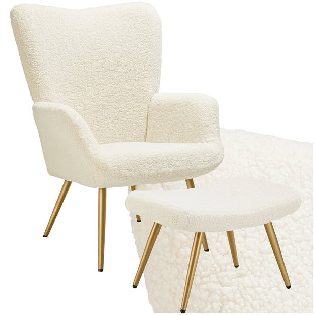 tectake® Oorfauteuil in Scandinavische Stijl met hocker - Teddystoel, Lounge Stoel voor Woonkamer - 150kg - Crème/Goud