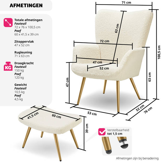 tectake® Oorfauteuil in Scandinavische Stijl met hocker - Teddystoel, Lounge Stoel voor Woonkamer - 150kg - Crème/Goud