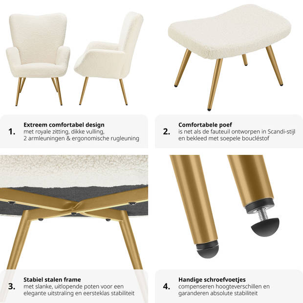 tectake® Oorfauteuil in Scandinavische Stijl met hocker - Teddystoel, Lounge Stoel voor Woonkamer - 150kg - Crème/Goud