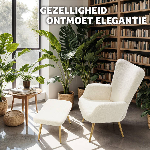 tectake® Oorfauteuil in Scandinavische Stijl met hocker - Teddystoel, Lounge Stoel voor Woonkamer - 150kg - Crème/Goud