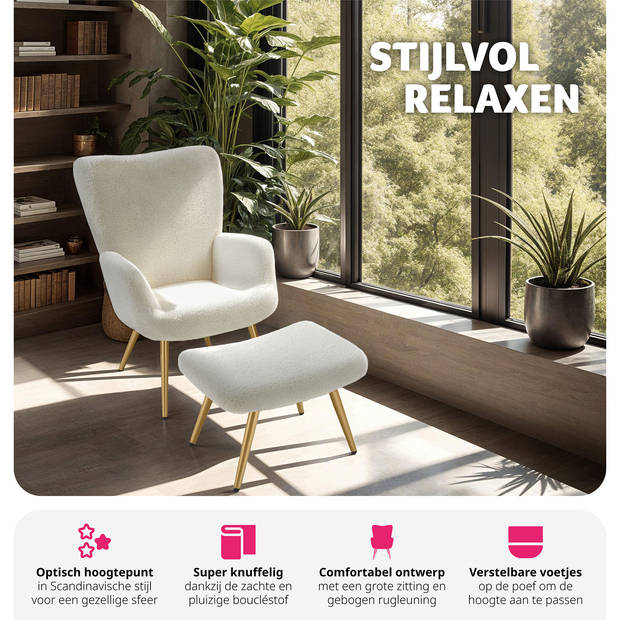 tectake® Oorfauteuil in Scandinavische Stijl met hocker - Teddystoel, Lounge Stoel voor Woonkamer - 150kg - Crème/Goud