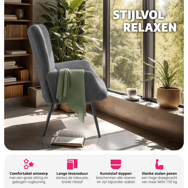 tectake® Oorfauteuil in Scandinavische Stijl - Corduroy - Lounge Stoel voor Woonkamer - 150kg Draagvermogen - Grijs