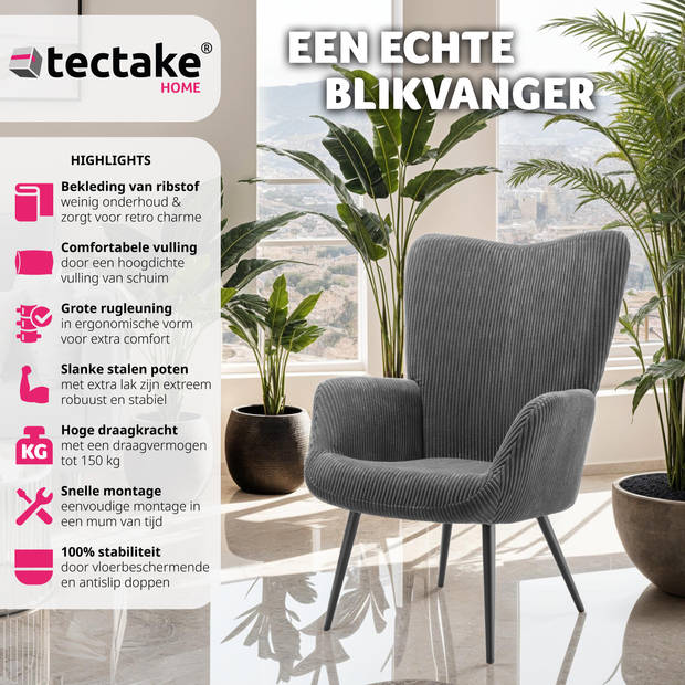 tectake® Oorfauteuil in Scandinavische Stijl - Corduroy - Lounge Stoel voor Woonkamer - 150kg Draagvermogen - Grijs