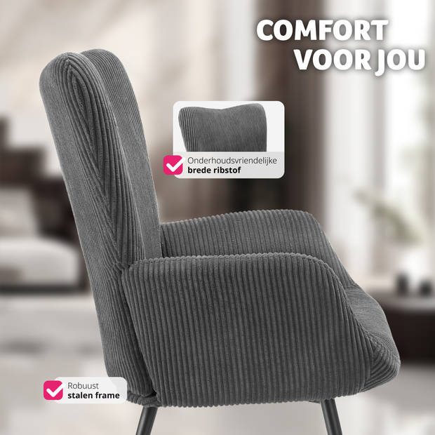 tectake® Oorfauteuil in Scandinavische Stijl - Corduroy - Lounge Stoel voor Woonkamer - 150kg Draagvermogen - Grijs