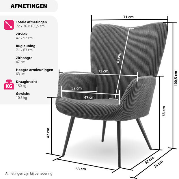 tectake® Oorfauteuil in Scandinavische Stijl - Corduroy - Lounge Stoel voor Woonkamer - 150kg Draagvermogen - Grijs