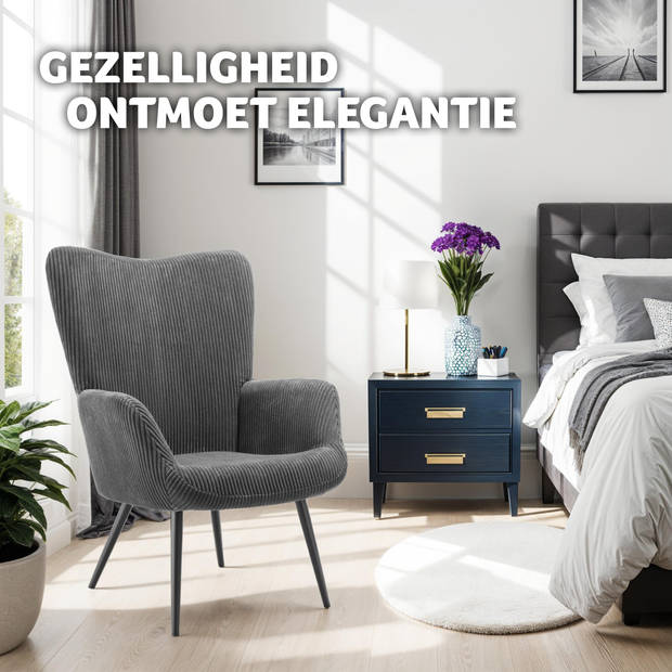 tectake® Oorfauteuil in Scandinavische Stijl - Corduroy - Lounge Stoel voor Woonkamer - 150kg Draagvermogen - Grijs