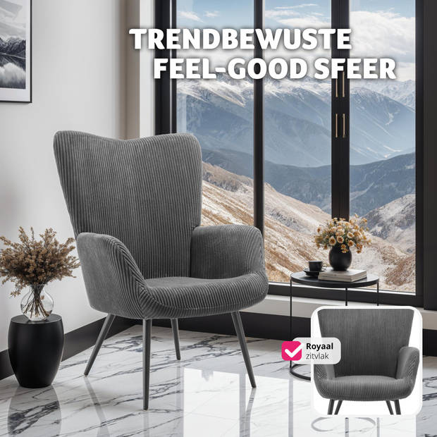 tectake® Oorfauteuil in Scandinavische Stijl - Corduroy - Lounge Stoel voor Woonkamer - 150kg Draagvermogen - Grijs