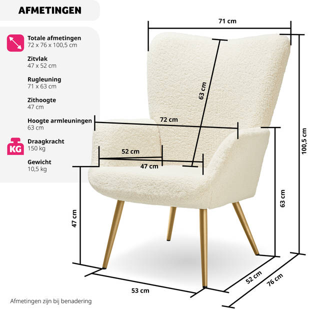 tectake® Oorfauteuil in Scandinavische Stijl - Teddystoel Bouclé, Lounge Stoel voor Woonkamer - 150kg - Crème/Goud