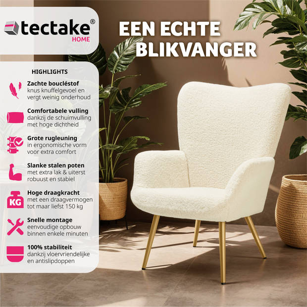 tectake® Oorfauteuil in Scandinavische Stijl - Teddystoel Bouclé, Lounge Stoel voor Woonkamer - 150kg - Crème/Goud