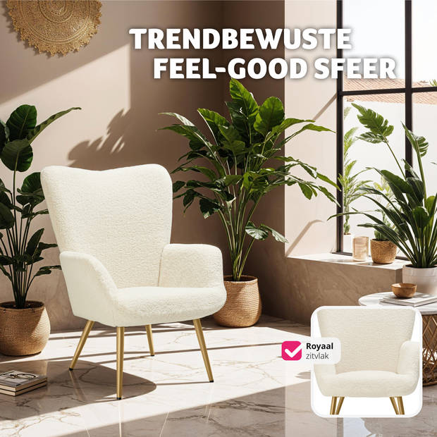 tectake® Oorfauteuil in Scandinavische Stijl - Teddystoel Bouclé, Lounge Stoel voor Woonkamer - 150kg - Crème/Goud