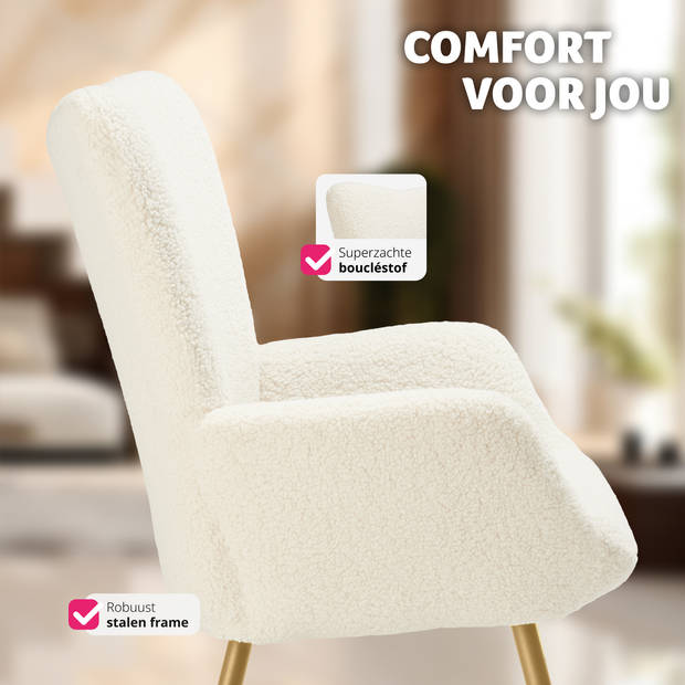 tectake® Oorfauteuil in Scandinavische Stijl - Teddystoel Bouclé, Lounge Stoel voor Woonkamer - 150kg - Crème/Goud