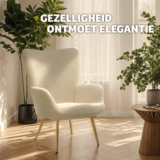 tectake® Oorfauteuil in Scandinavische Stijl - Teddystoel Bouclé, Lounge Stoel voor Woonkamer - 150kg - Crème/Goud