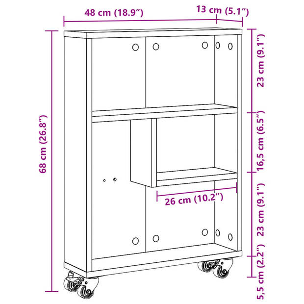 vidaXL Opbergtrolley smal 48x13x68 cm bewerkt hout betongrijs