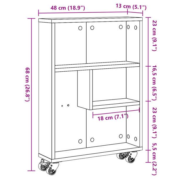 vidaXL Opbergtrolley smal 48x13x68 cm bewerkt hout sonoma eikenkleurig