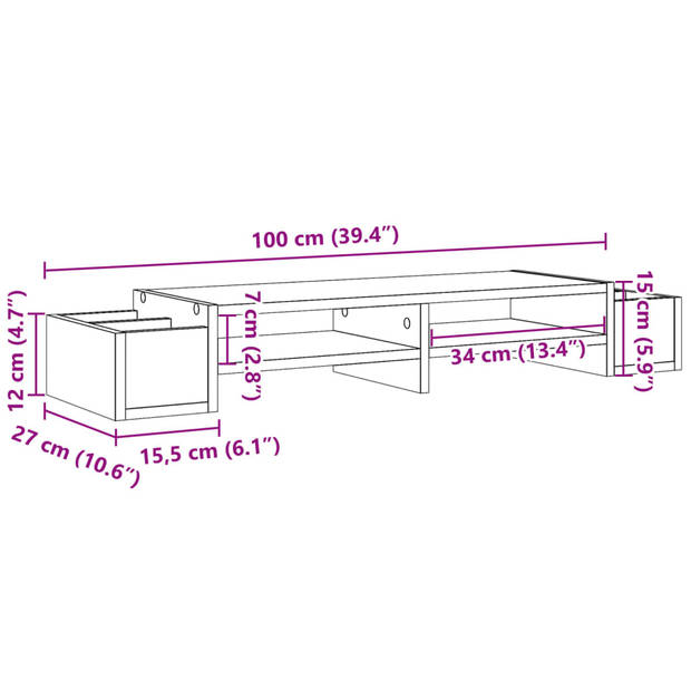 vidaXL Monitorstandaard met opbergruimte 100x27x15 cm hout bruin eiken