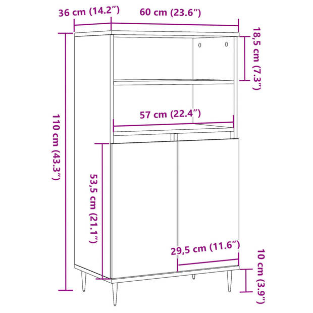 vidaXL Hoge kast 60x36x110 cm bewerkt hout oud houtkleurig