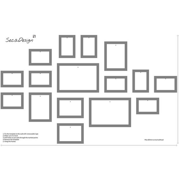 SecaDesign Fotowand bruin 16 fotolijsten PIA16BR met handige template voor plaatsing. 10x 10x15cm, 2x 13x18cm, 2x