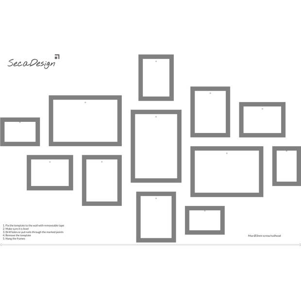 SecaDesign Fotowand wit 12 fotolijsten PIA12W met handige template voor plaatsing. 3x 10x15cm, 3x 13x18cm, 3x 15x20cm en