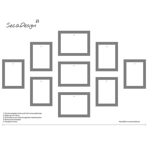 SecaDesign Fotowand zwart 9 fotolijsten PIA9B met handige template voor plaatsing. 6x 13x18cm, 3x 15x20cm fotomaat -