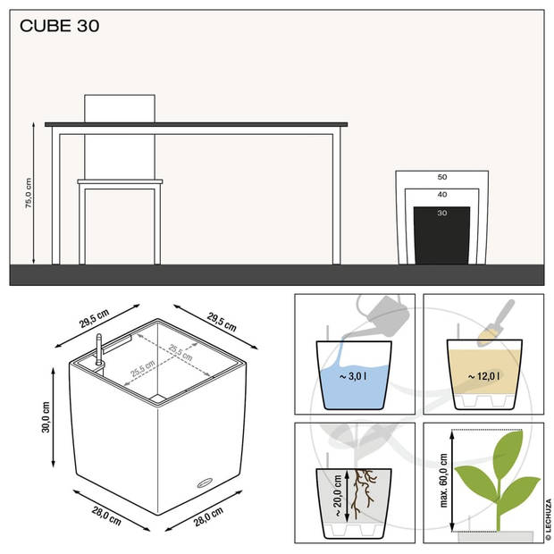 LECHUZA Plantenbak Cube 30 hoogglans wit