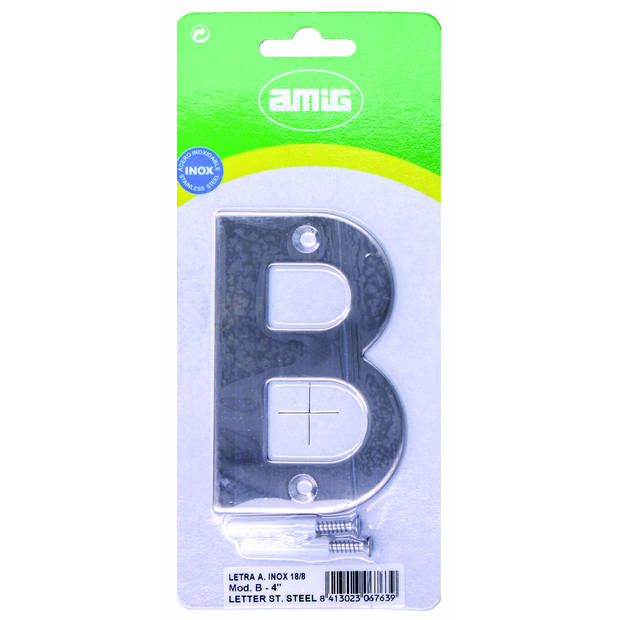 AMIG Huisnummer/letter B - massief Inox RVS - 10cm - incl. bijpassende schroeven - zilver - Huisnummers