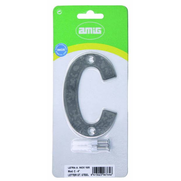 AMIG Huisnummer/letter C - massief Inox RVS - 10cm - incl. bijpassende schroeven - zilver - Huisnummers