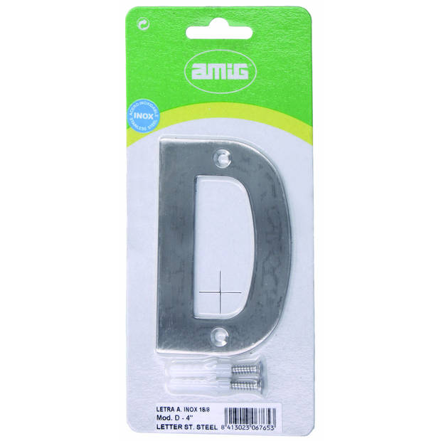 AMIG Huisnummer/letter D - massief Inox RVS - 10cm - incl. bijpassende schroeven - zilver - Huisnummers