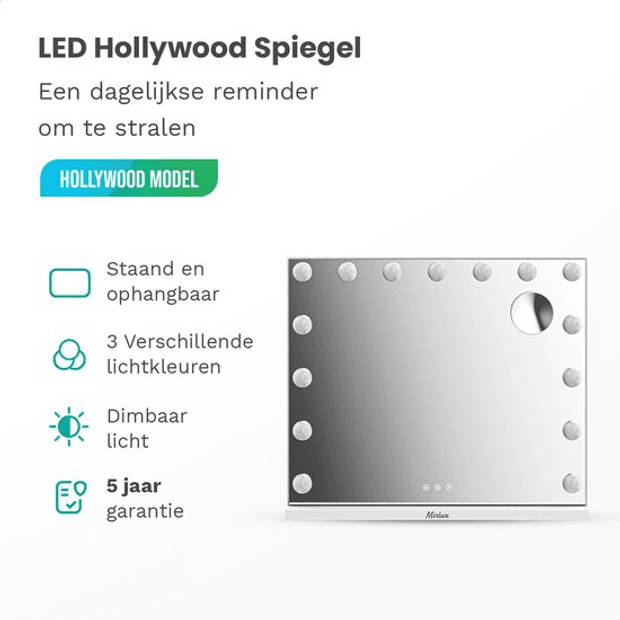 Mirlux Hollywood Make Up Spiegel - LED Verlichting - 10x Zoom - Ophangbaar - Wit - Bluetooth - 58x48cm