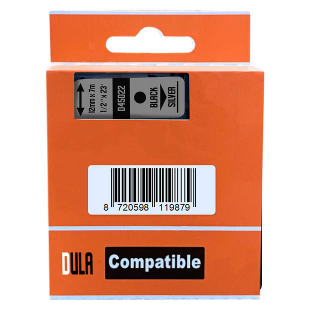 DULA label tape - Compatible met Dymo D1 45022 - 1 stuk - Zwart op zilver - 12mm x 7m