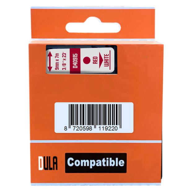 DULA Dymo D1 40915 - S0720700 - Compatible label tape - 1 lettertape - Rood op wit - 9mm x 7m