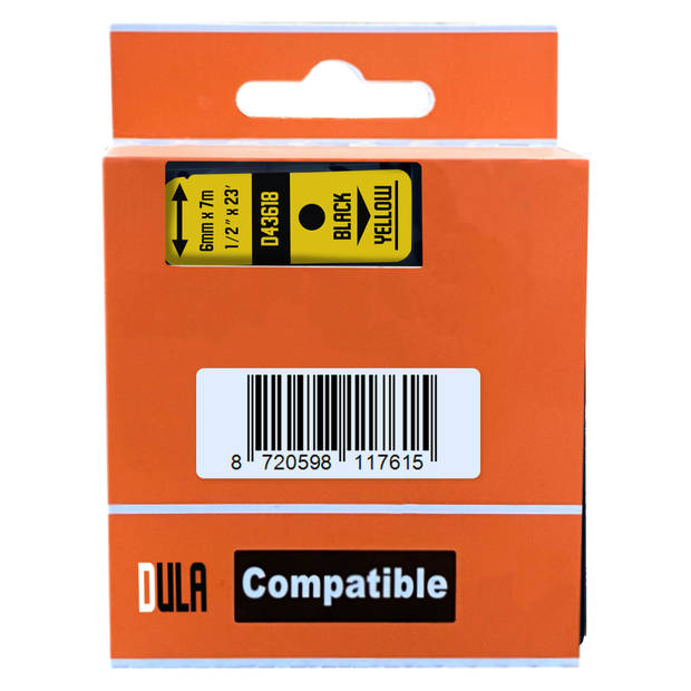 DULA label tape - Compatible met Dymo D1 43618 / S0720790 - 3 stuks - Zwart op geel - 6mm x 7m