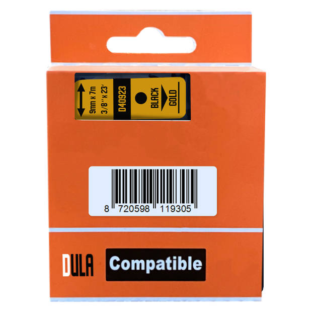 DULA label tape - Compatible met Dymo D1 40923 - 5 stuks - Zwart op goud - 9mm x 7m