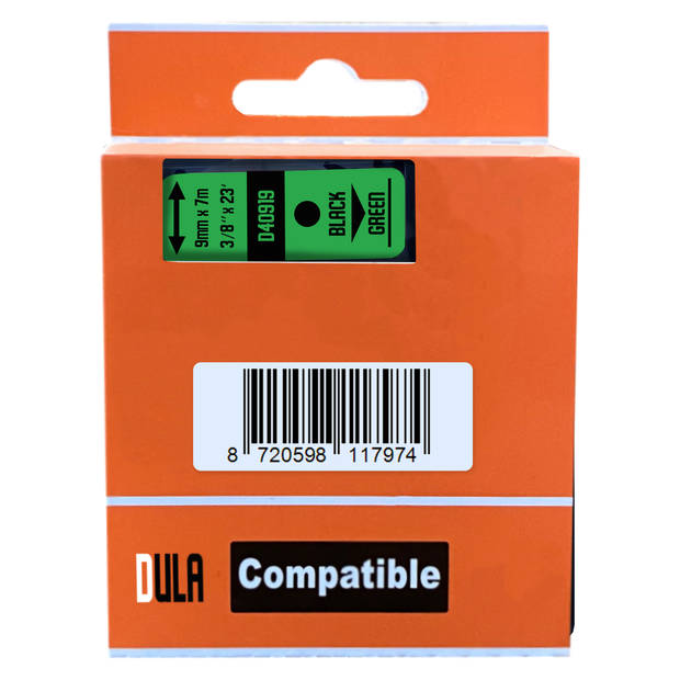 DULA label tape - Compatible met Dymo D1 40919 - 3 stuks - Zwart op groen - 9mm x 7m