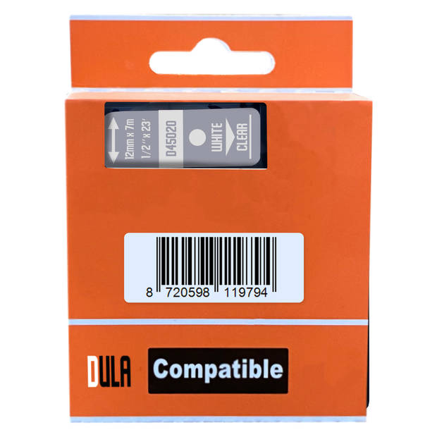 DULA label tape - Compatible met Dymo D1 45020 - 1 stuk - Wit op transparant - 12mm x 7m