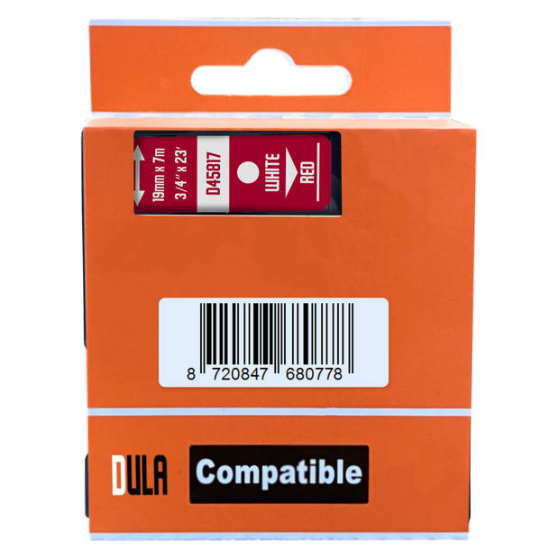 DULA label tape - Compatible met Dymo D1 45817 - 10 stuks - Wit op rood - 19mm x 7m