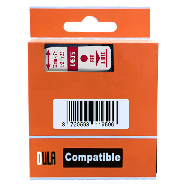 DULA label tape - Compatible met Dymo D1 45015 - 1 stuk - Rood op wit - 12mm x 7m