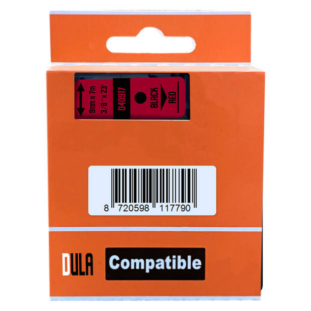 DULA label tape - Compatible met Dymo D1 40917 - 3 stuks - Zwart op rood - 9mm x 7m