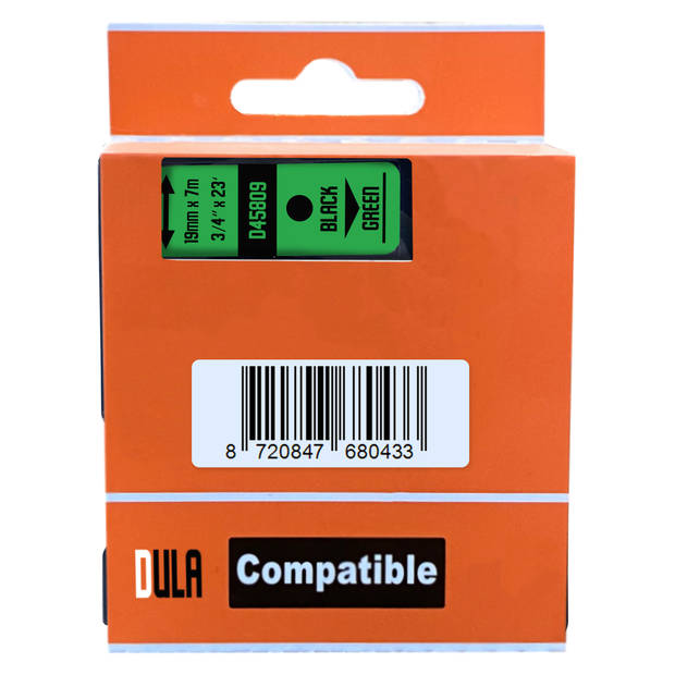 DULA label tape - Compatible met Dymo D1 45809 - 5 stuks - Zwart op groen - 19mm x 7m