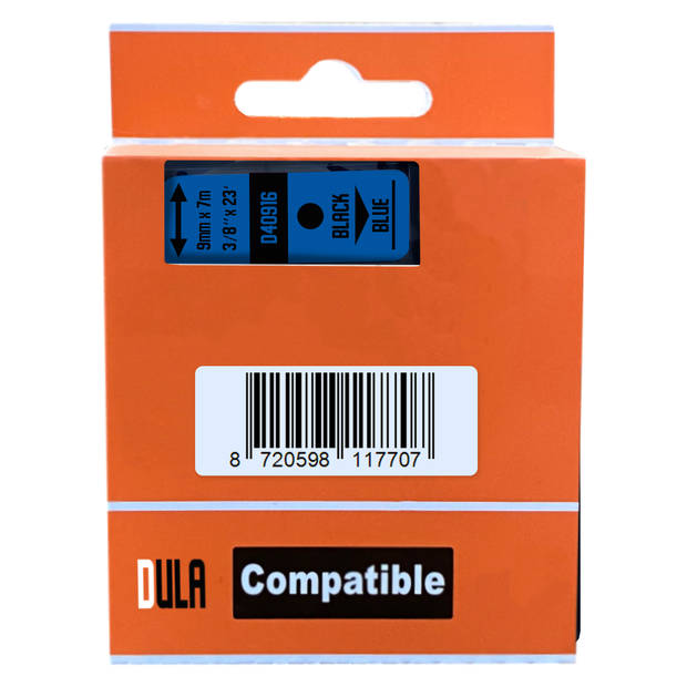 DULA Dymo D1 40916 - S0720710 - Compatible label tape - 5 lettertapes - Zwart op blauw - 9mm x 7m