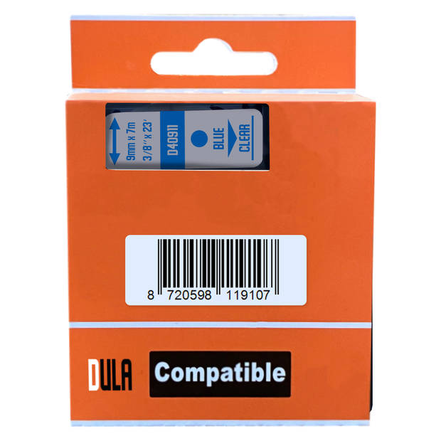 DULA label tape - Compatible met Dymo D1 40911 - 3 stuks - Blauw op transparant - 9mm x 7m